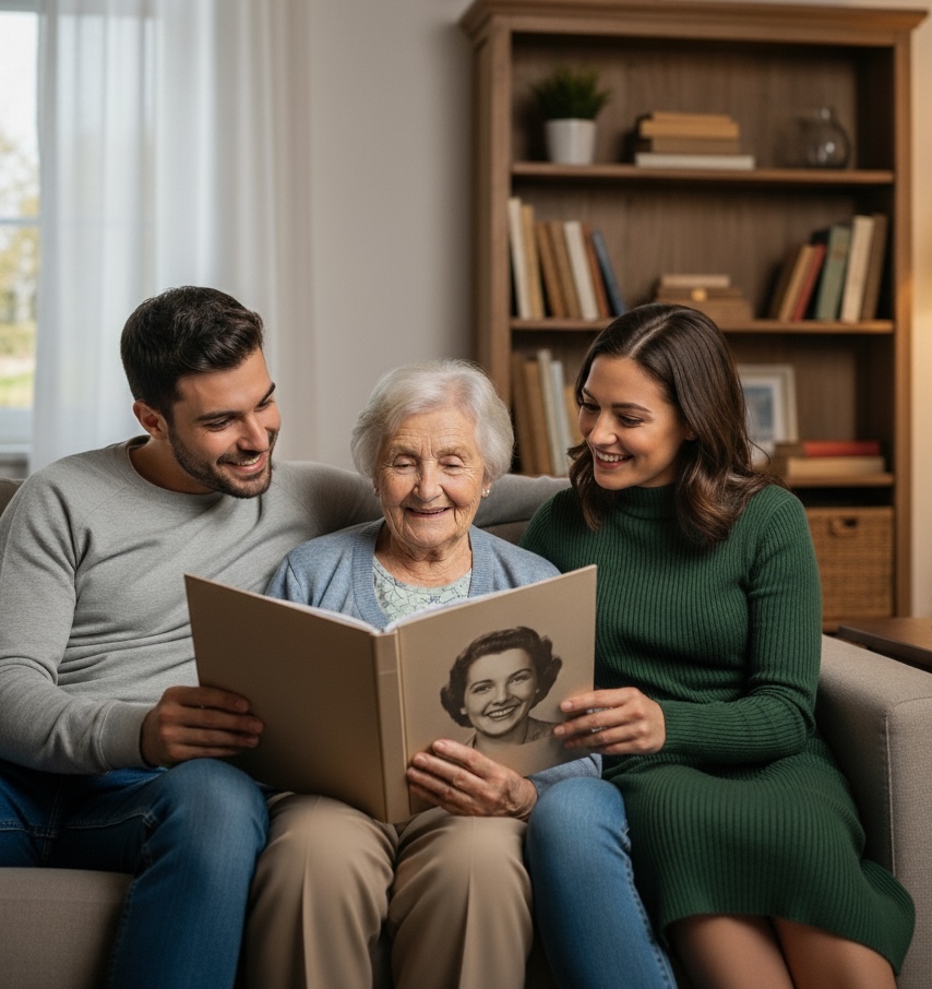 Elder sharing her Book with Adult Childs